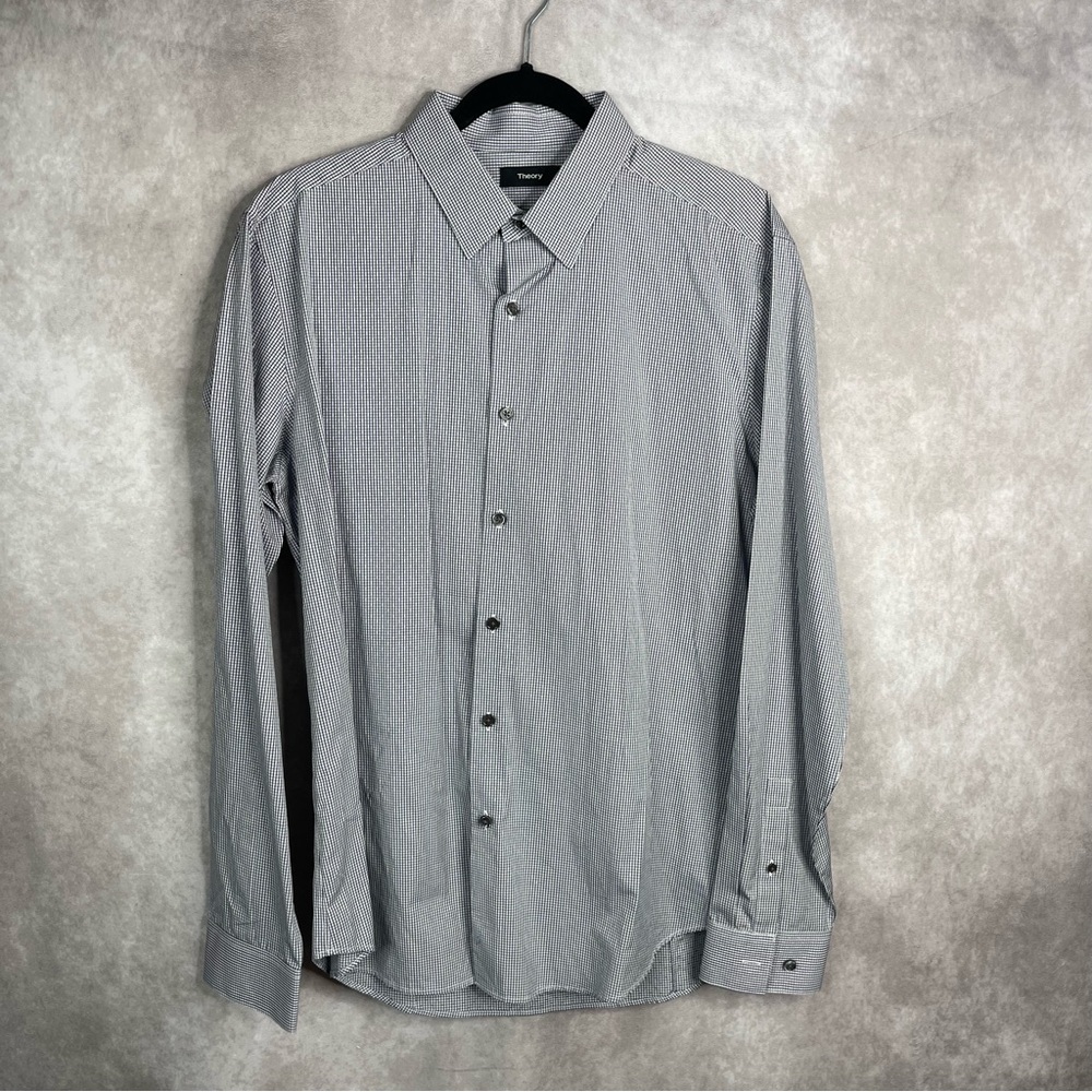 Theory Sylvain Barlett Micro Check Long Sleeve Shirt In Blue Men's Size L